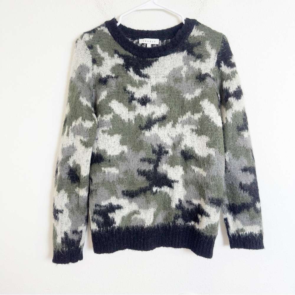 Sandro green camo mohair blend crewneck sweater